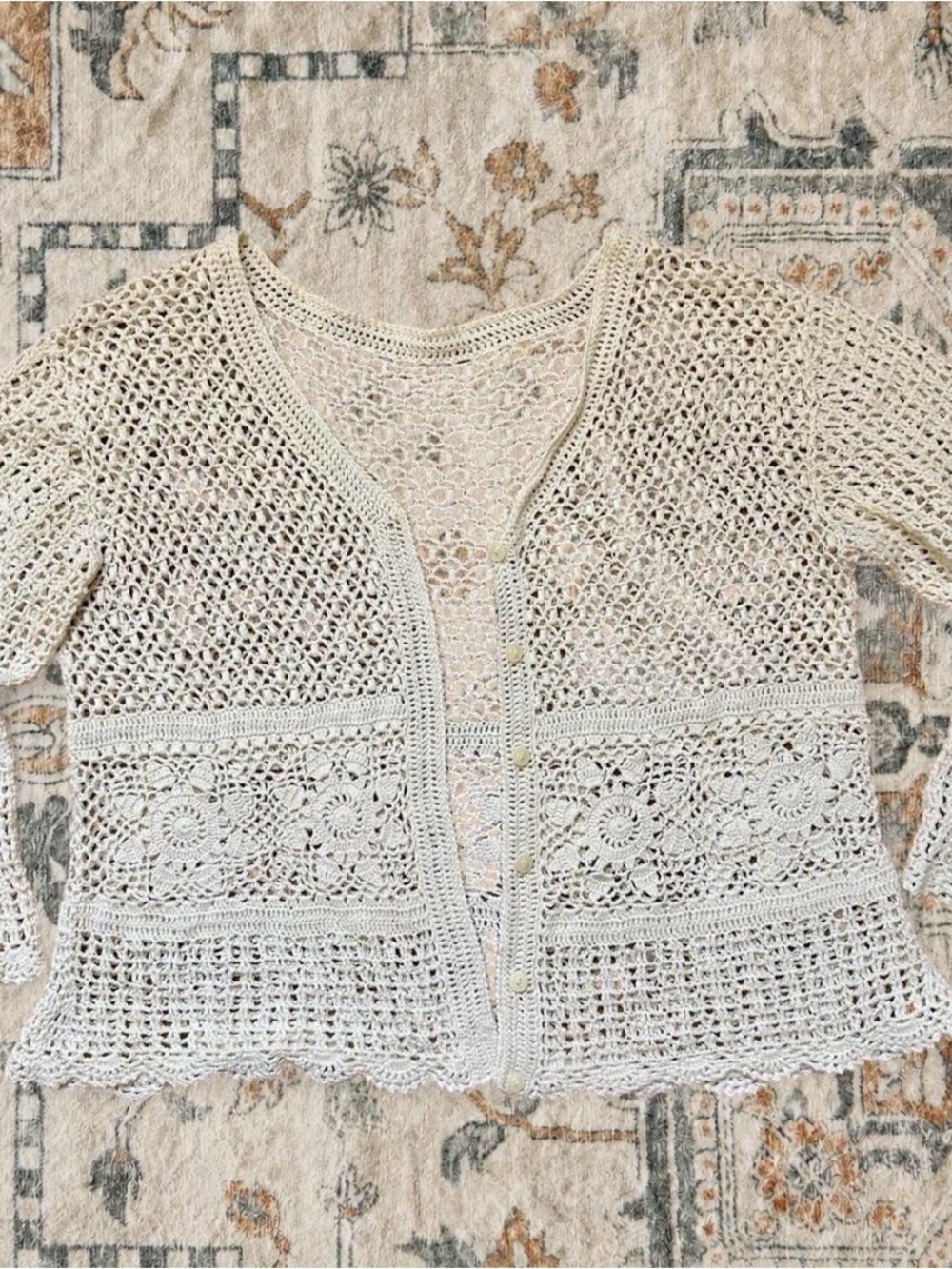 Cream Hand-Crocheted Button-Front Women's Sweater Cardigan